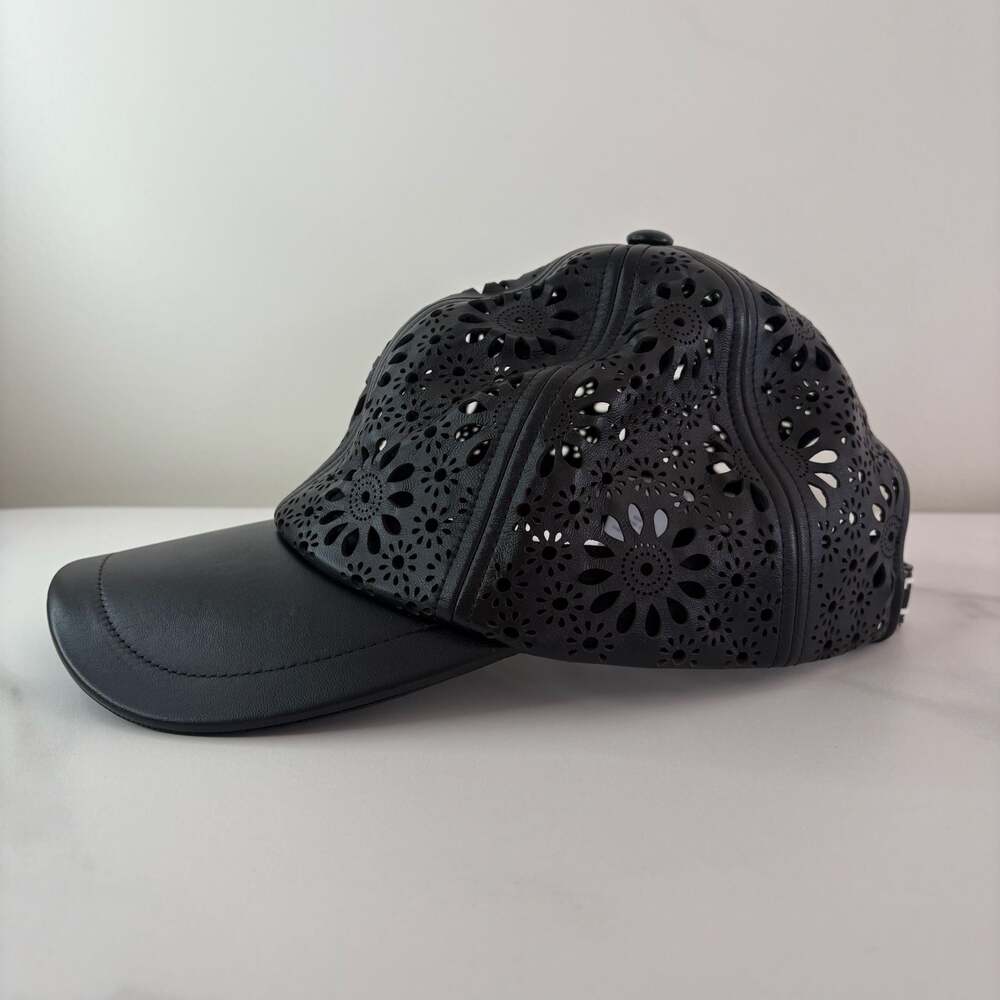 Christian Dior Black Lambskin Leather Laser Cut Floral Hat Size 57 Small - Picture 2 of 10